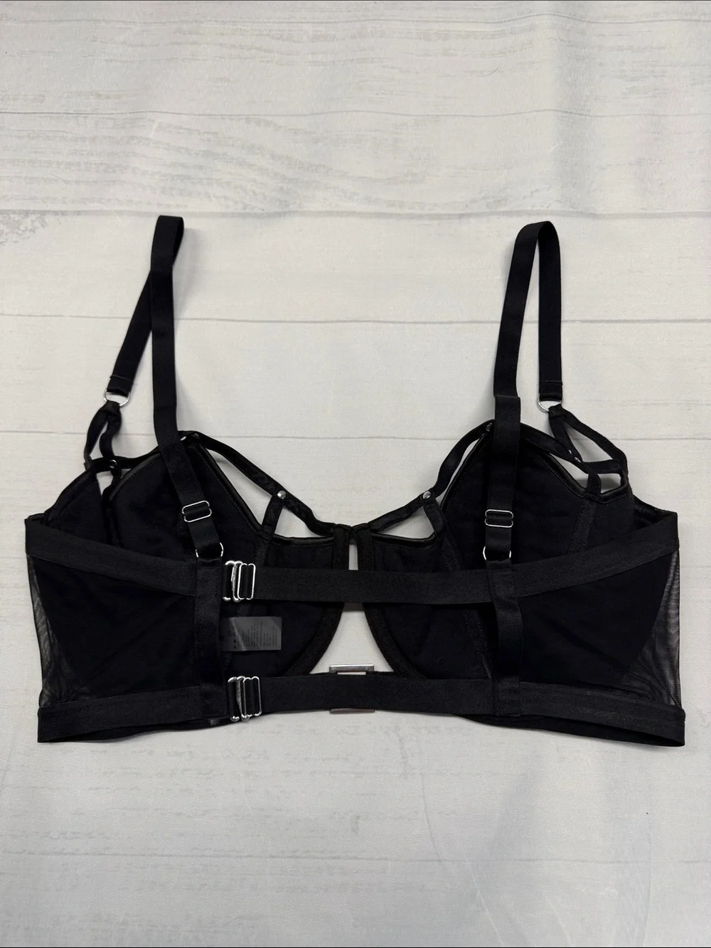 Thistle and Spire Black Satin Floral Embroidered Cage Strap Mesh Back Bra 2X
